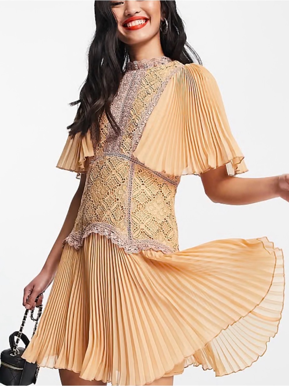ASOS Pleated Lace Trim Peach Women's Dress